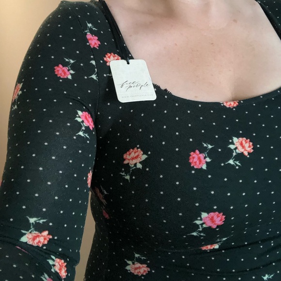 NWT Free People Celia Green Polka Dot & Floral Print Long Sleeve Mini Dress XS - Picture 9 of 14